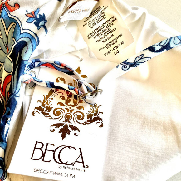 Becca NWT Naples Tankini Top Scoop Front Shelf Bra Blue White Coral Large - Picture 4 of 8